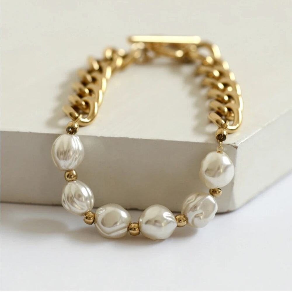 NEW 18K yellow gold pl Cuban chain faux pearl OT buckle bracelet jewelry B25A